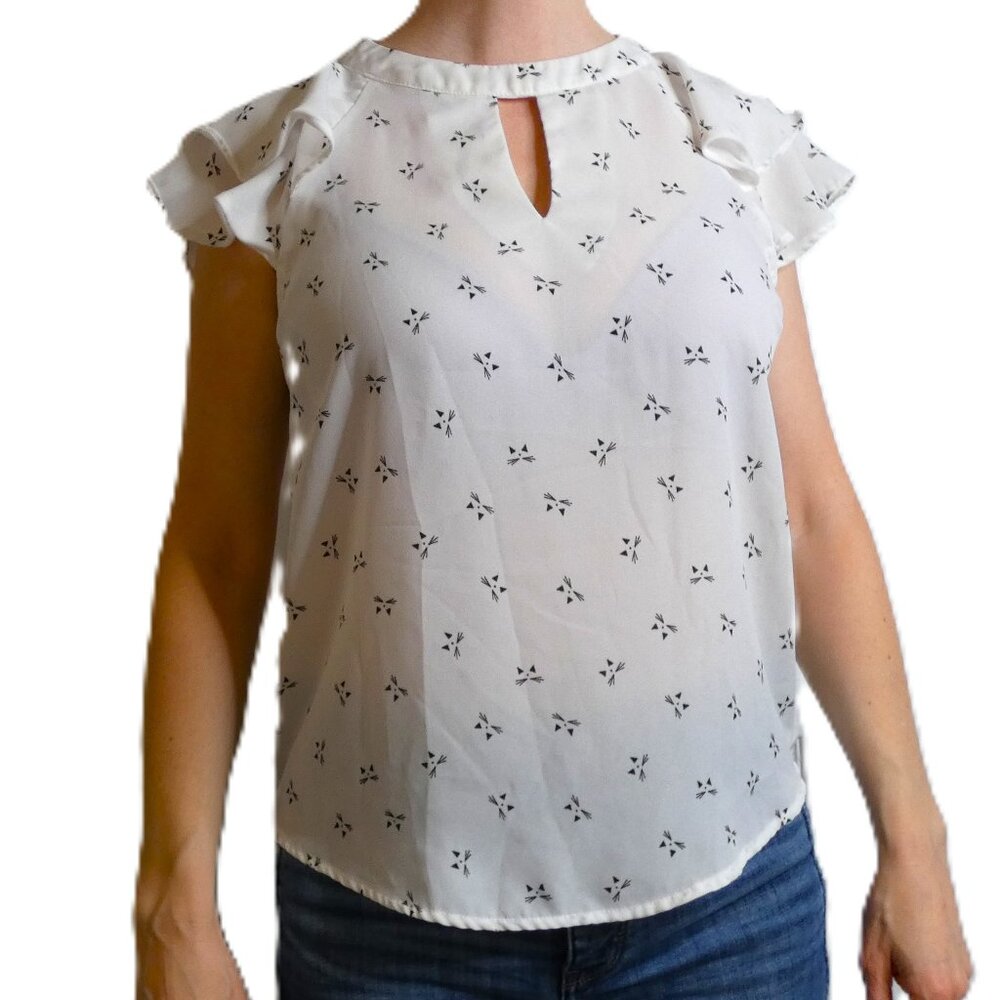 White Chiffon Blouse Size S Abstract Black Cats Face Ruffled Sleeve Top British